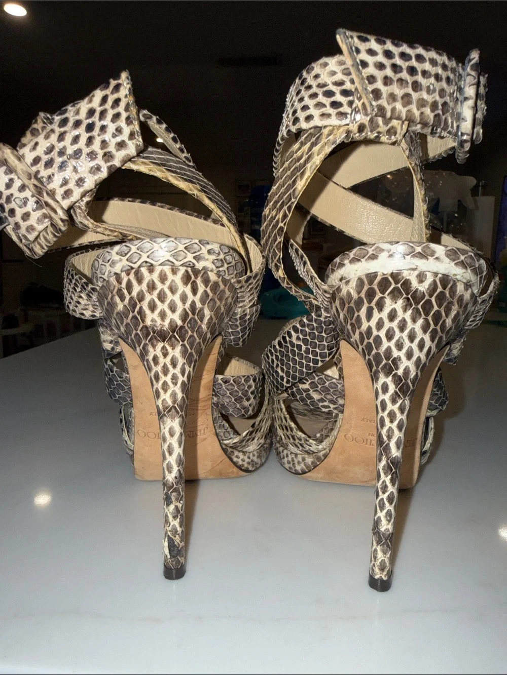 Jimmy Choo Black and Beige Snake-Print Strappy Heels